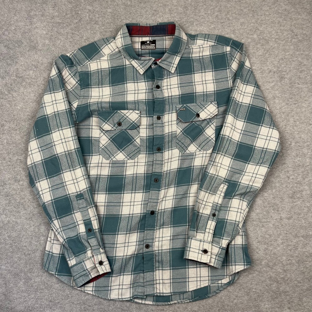 Hurley Flannel Shirt Men Large Teal Plaid Nike Dri-Fit Button Up Long Sleeve